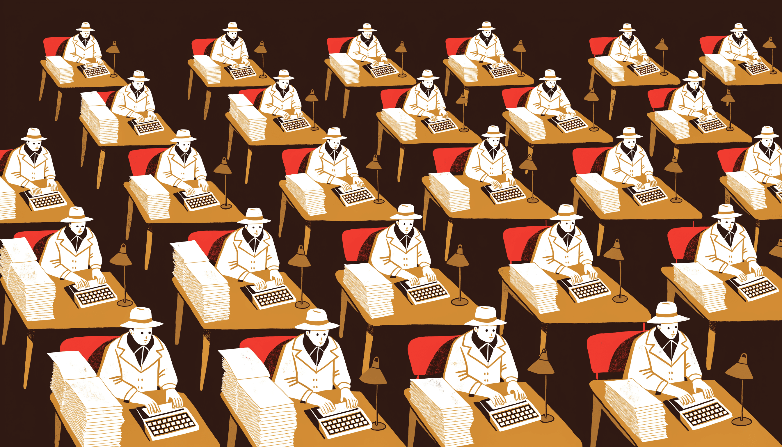 Screen-printed illustration of dozens of identical detectives typing reports in parallel rows of desks