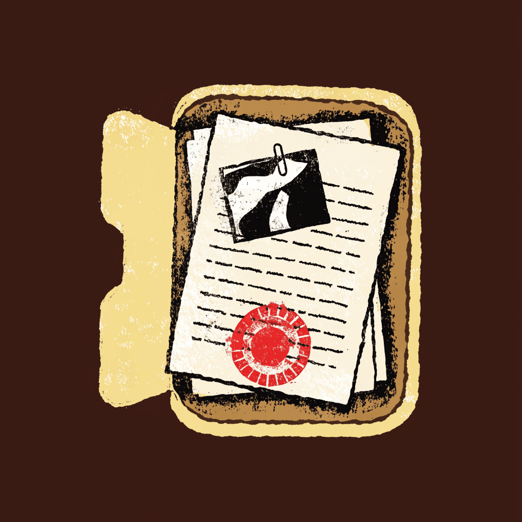 Illustration of an open case folder with a paperclipped photograph